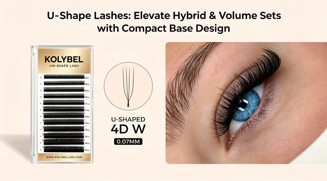 KOLYBEL U‑Shape Lashes feature compact inward‑curved bases for fuller, lightweight lash lines. Perfect for hybrid & volume sets, ideal for professional lash artists.