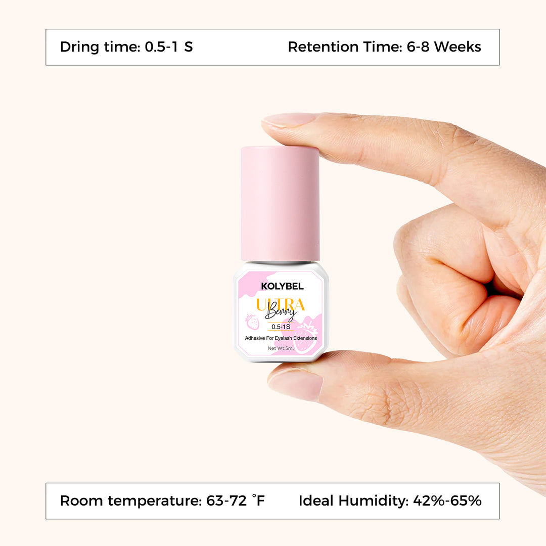 0.5-1 Second Ultra Berry Adhesive Eyelash Extension Glue (5ml)，waterproof and oilproof.This ultra-strong, fast-curing eyelash extension adhesive is designed for advanced professional lash technicians who need secure, long-lasting retention. With a 0.5–1 second curing time, wide humidity range, and virtually scent-free formula, it supports efficient application while helping keep clients comfortable during their appointment.