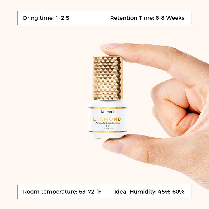1-2 Second Diamond Adhesive Eyelash Extension Glue (5ml) - Kolybel-This fast-curing, ultra-strong eyelash extension adhesive is designed for professional lash technicians who need efficient, reliable application. Its 1–2 second curing time, wide 45–60% humidity range, and extremely strong bond make it suitable for both classic and Russian volume lash styles.
