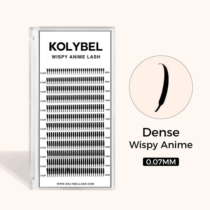 KOLYBEL 0.07mm Dense Wispy Anime Lash Extensions. Pre-made solid spike lashes create stunning manga, wet-look & doll eye textures. Ultra-light, easy to apply, perfect for pro lash artists, 100% cruelty-free.