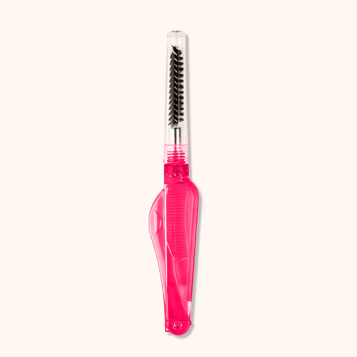 2-in-1 foldable eyelash comb and brow spoolie. Stainless steel teeth + nylon brush, portable design for lash extensions, brow grooming, daily makeup and salon use.