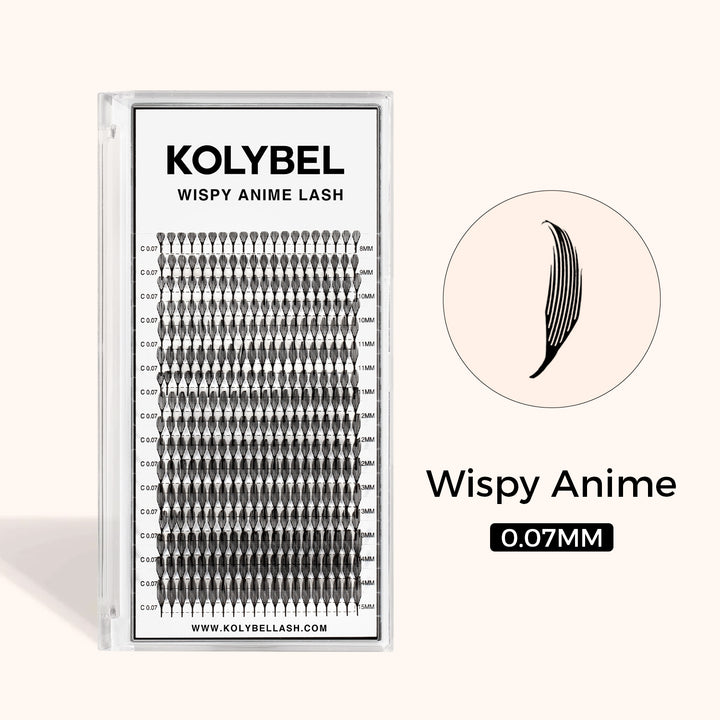 KOLYBEL 0.07mm Wispy Anime Lash Prefans, 16 rows ultra-light PBT lashes 50% lighter than regular fans. Pre-spiked design speeds up lash work, fills sparse lashes, creates sharp manga & cosplay eye looks, cruelty-free salon extensions with long shape retention.