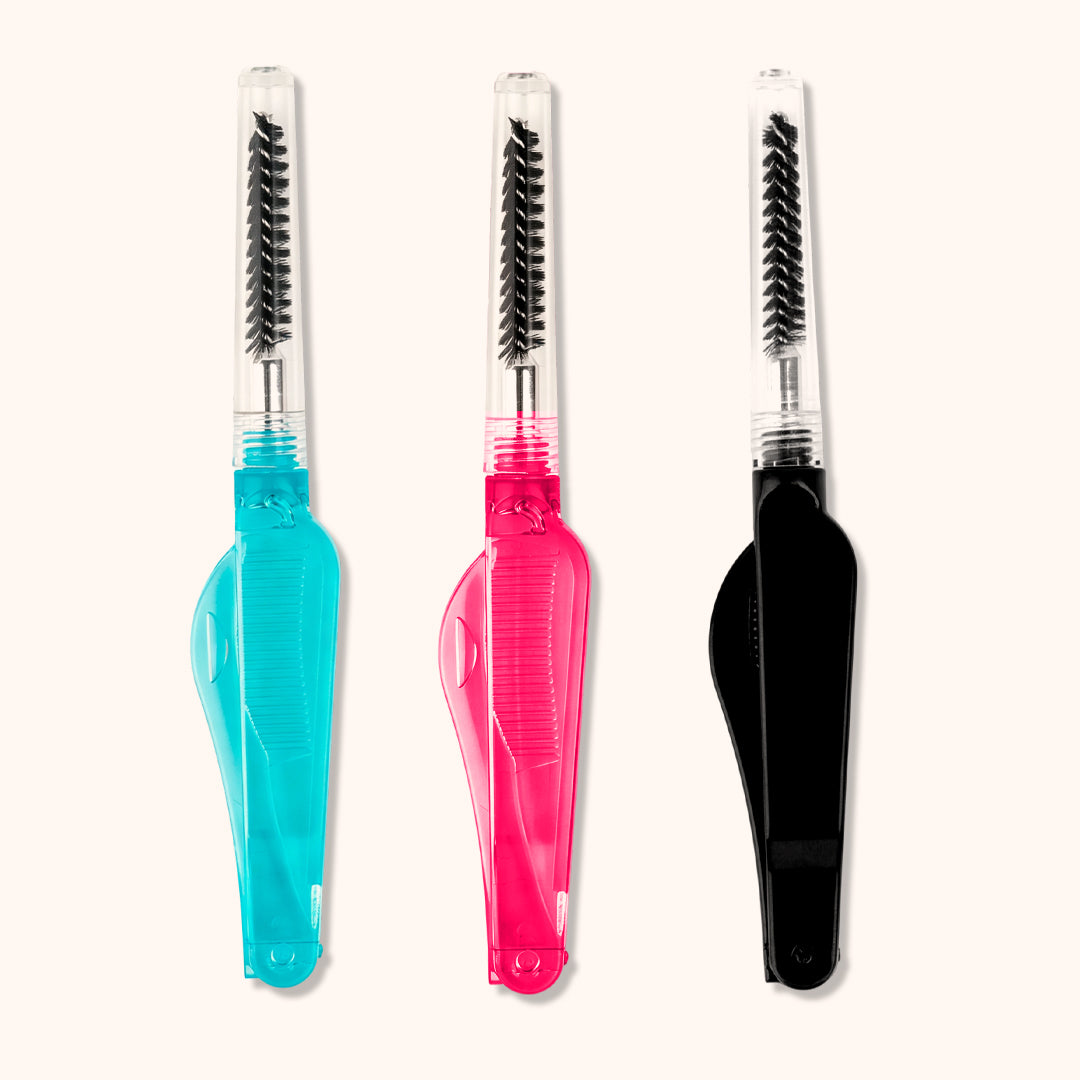 2-in-1 foldable eyelash comb and brow spoolie. Stainless steel teeth + nylon brush, portable design for lash extensions, brow grooming, daily makeup and salon use.