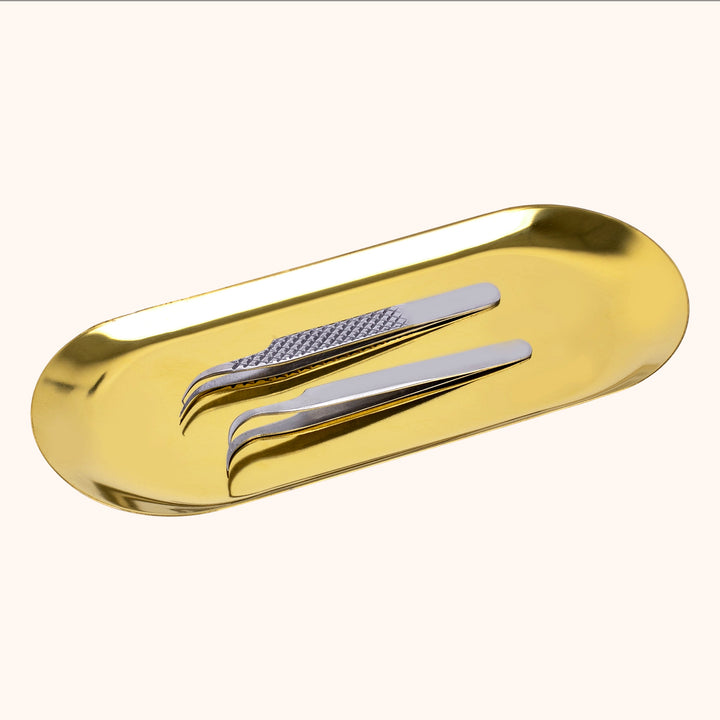 KOLYBEL premium stainless steel lash tweezer tray. 2 sizes & 2 colors, mirror polished, organizes lash tools and tweezers for professional salon workstation.