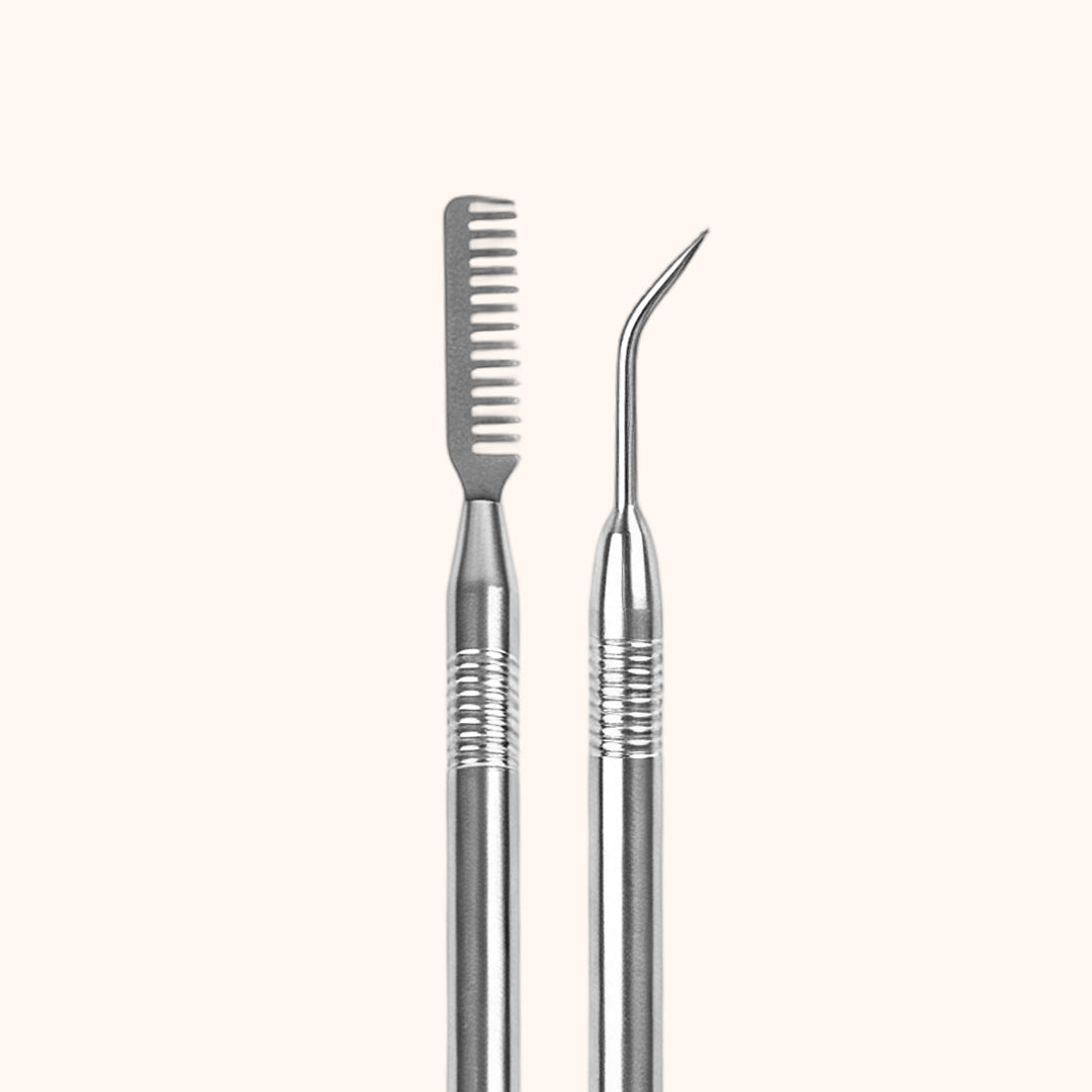 KOLYBEL professional dual-end lash lift separator with fine comb & curved hook. Premium stainless steel, for lash perming, lifting & positioning. 