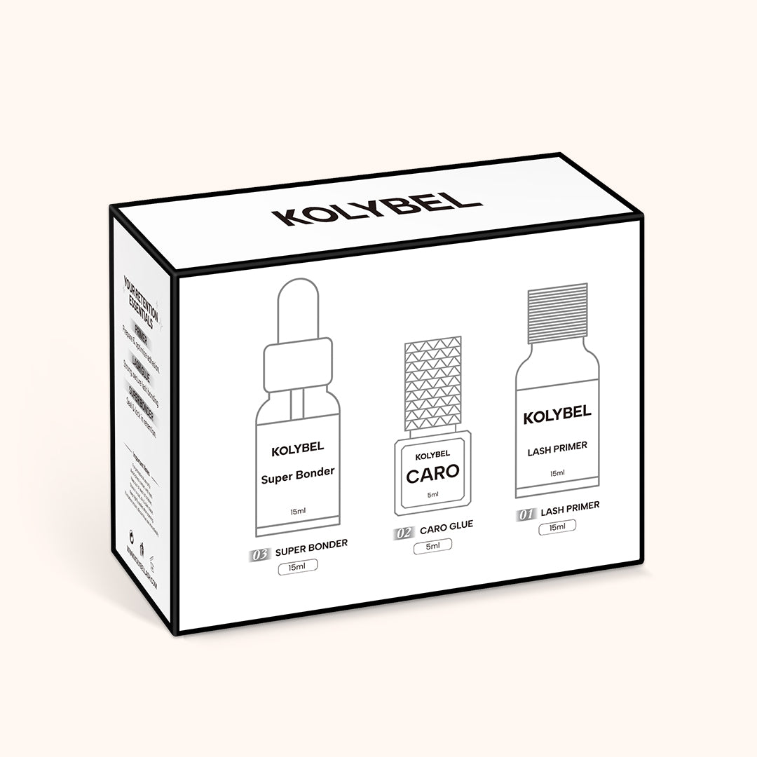 KOLYBEL Professional lash adhesive system with lash primer, 0.5-1s CARO glue and super bonder. Maximizes lash retention, reduces irritation, designed for lash artist.
