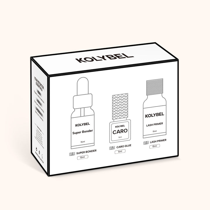 KOLYBEL Professional lash adhesive system with lash primer, 0.5-1s CARO glue and super bonder. Maximizes lash retention, reduces irritation, designed for lash artist.