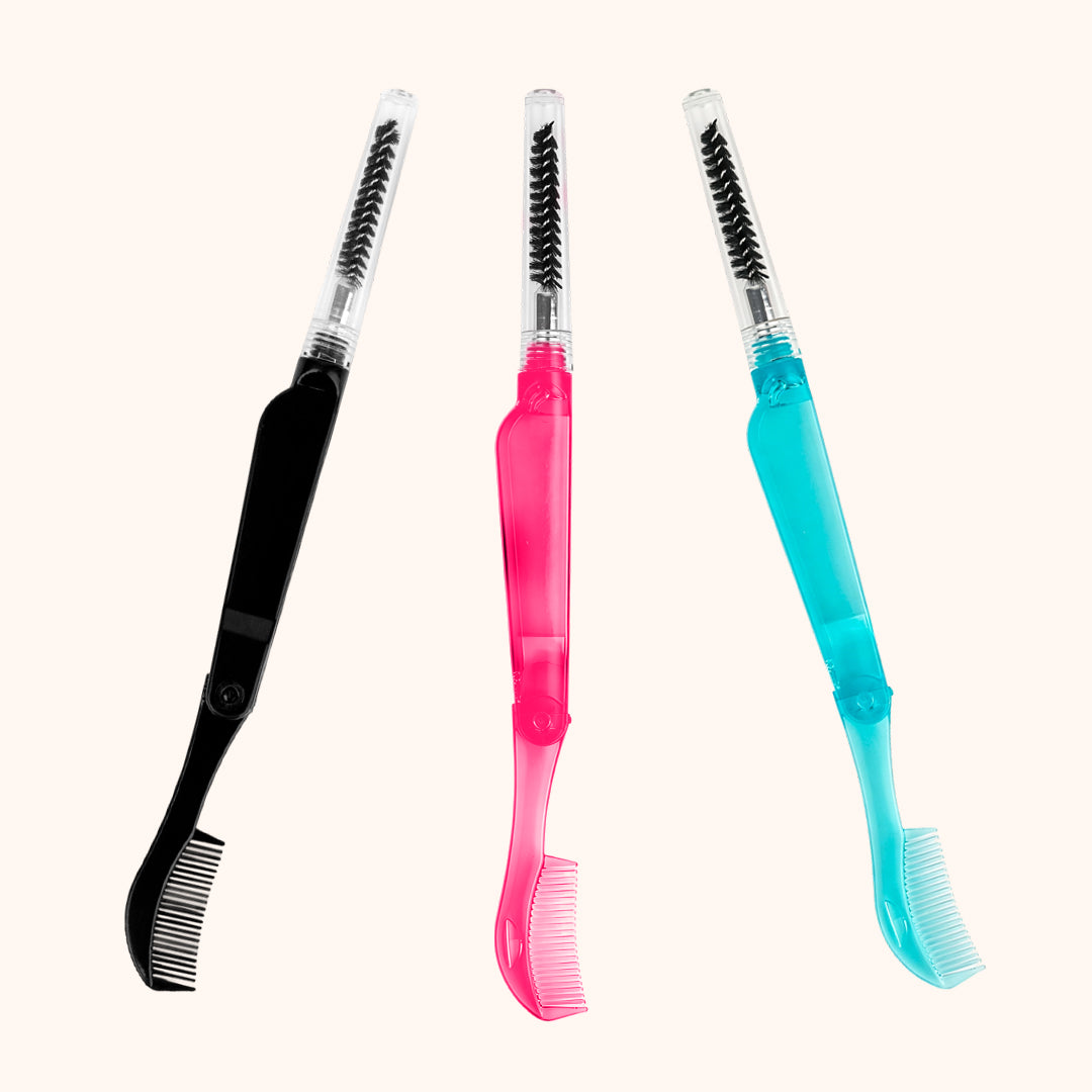 2-in-1 foldable eyelash comb and brow spoolie. Stainless steel teeth + nylon brush, portable design for lash extensions, brow grooming, daily makeup and salon use.