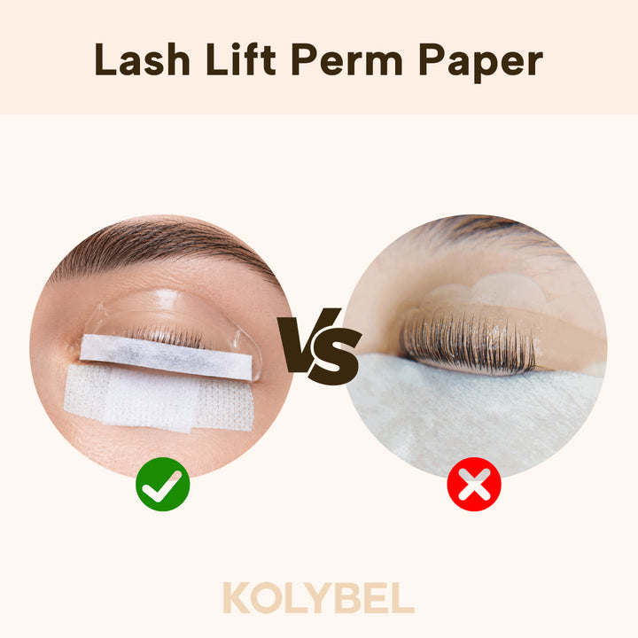 KOLYBEL LASH 500-sheet lash lift paper covers for professional use. Lint-free, pre-cut strips ensure even reagent distribution and secure lash placement
