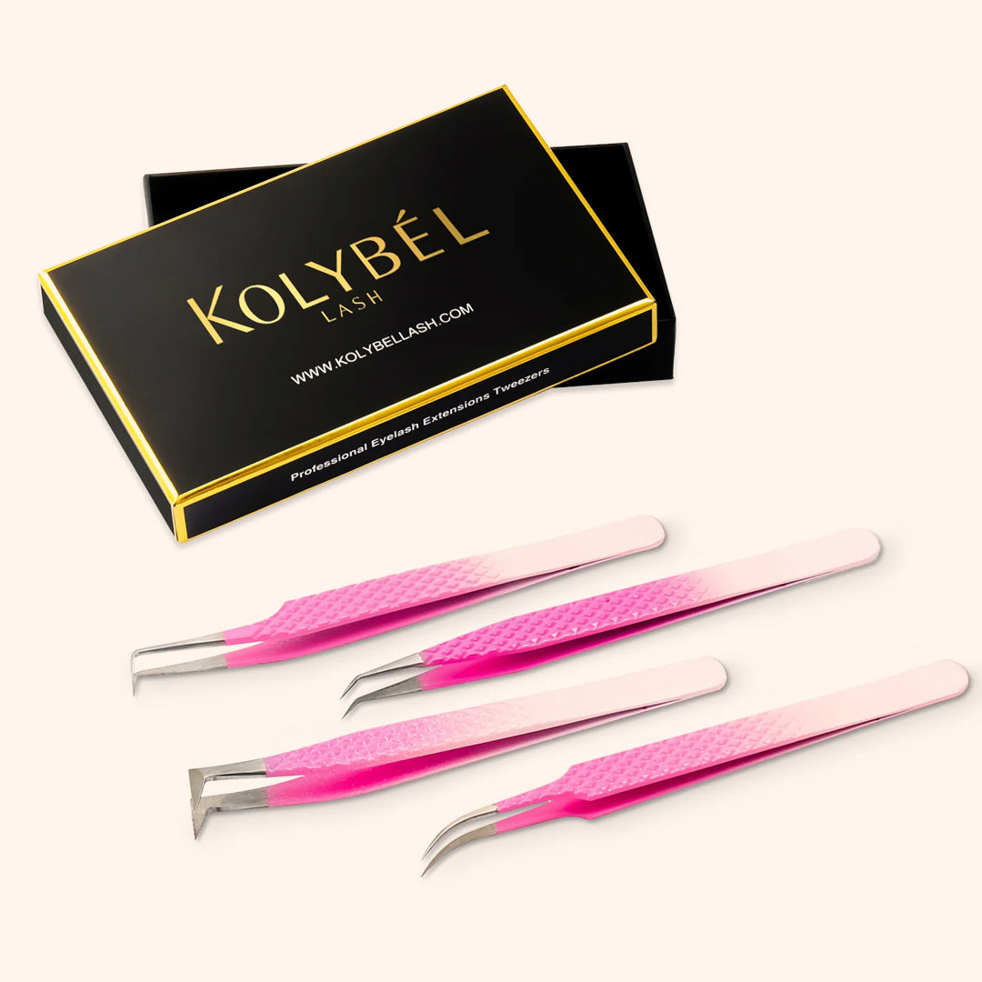 Ombre Pink-White Professional Eyelash Extensions Tweezers Kit-kolybel
