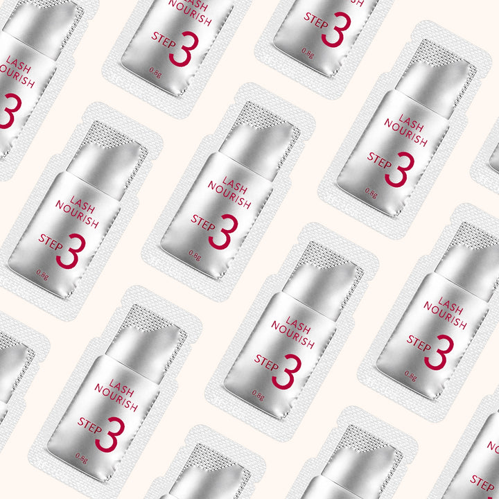 Professional 3-step keratin lash lift sachets in hygienic single-use packaging. Available in 5/10 packs with perm/setting/nourish options.