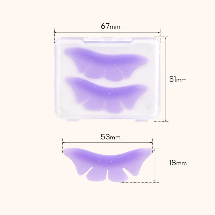 Reusable silicone bottom lash lift pads for lower lash perm. Soft skin-safe glitter finish, pink & purple, compatible with all professional lash lift supplies.